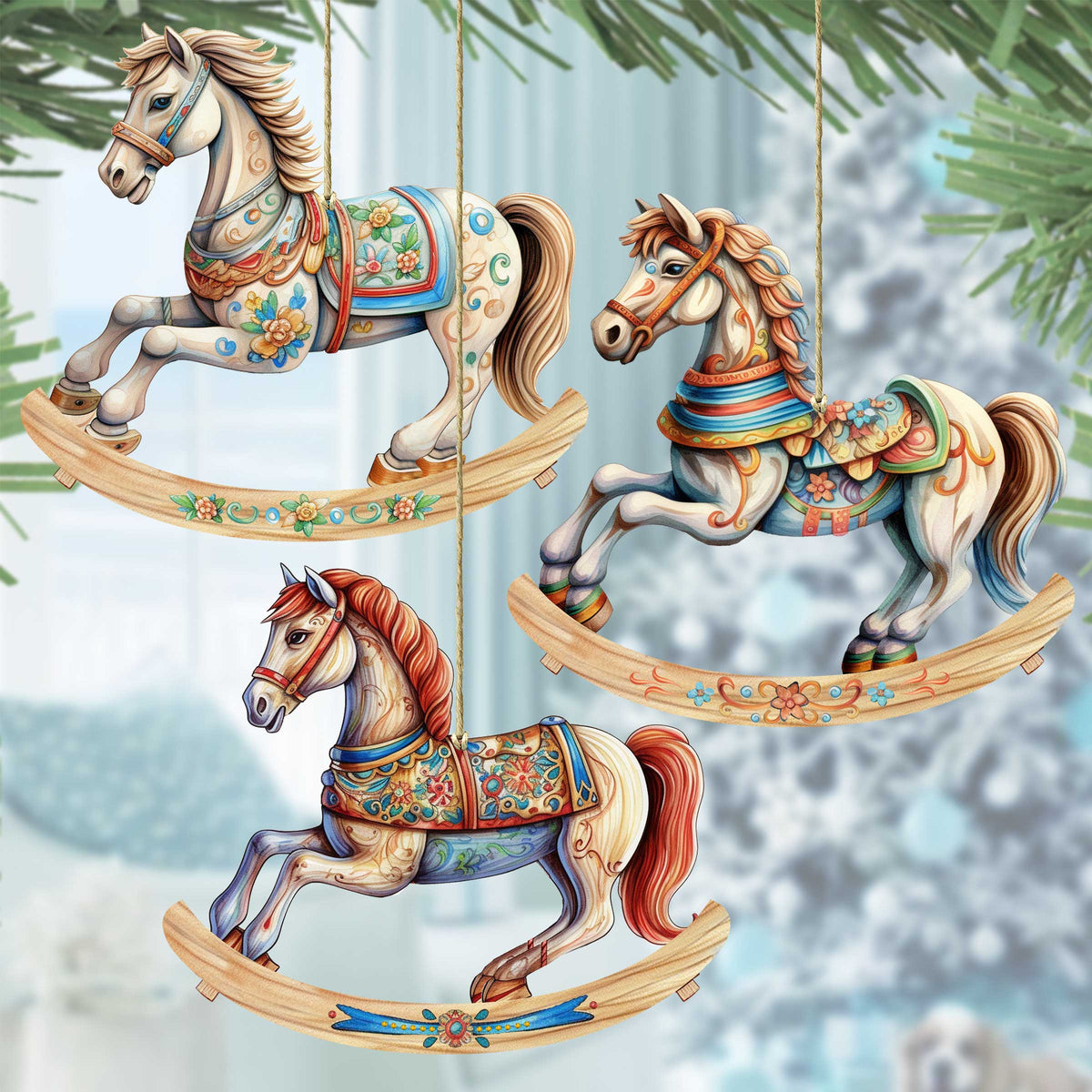 Rocking Horses Wooden Ornaments Set of 3 by G. Debrekht - Christmas Decor - 8100196S3