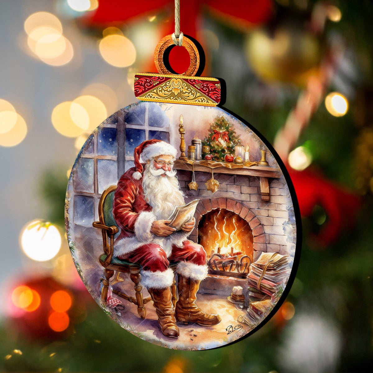 Santa at the Fireplace Wooden Ornaments by G. Debrekht Christmas Santa Snowman Decor - 8611089