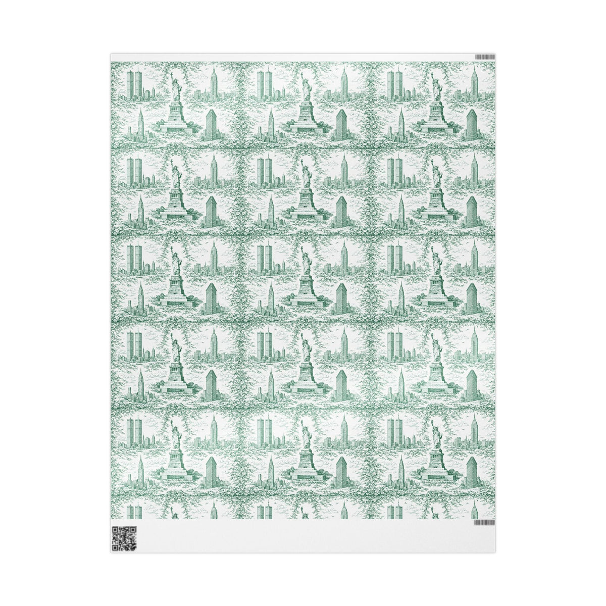 Manhattan NYC Green Toile Gift Wrapping Papers Chinoiserie Old New York City Gift Wrap Empire State Building Twin Towers Statue of Liberty