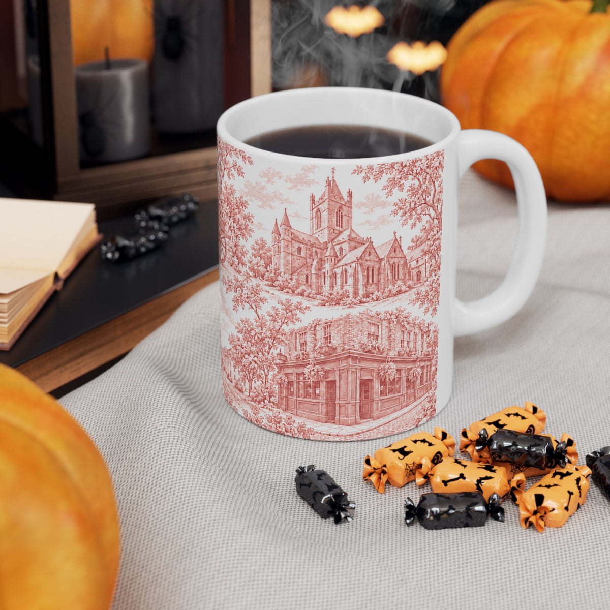 Dublin Red Toile de Jouy Ceramic Mug — Coffee Cup (11oz; Ships from Europe)