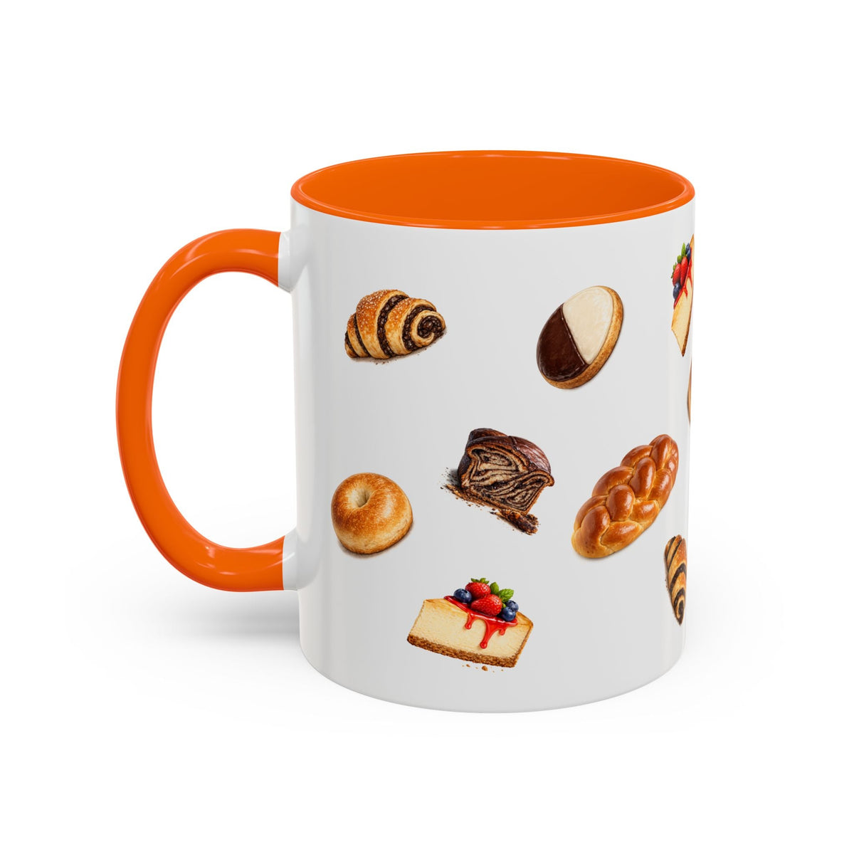 NYC Kosher Bakery Pattern Accent Mug | Babka Cheesecake Rugelach Black + White Cookie Challah Bagel 11oz Ceramic Coffee Cup