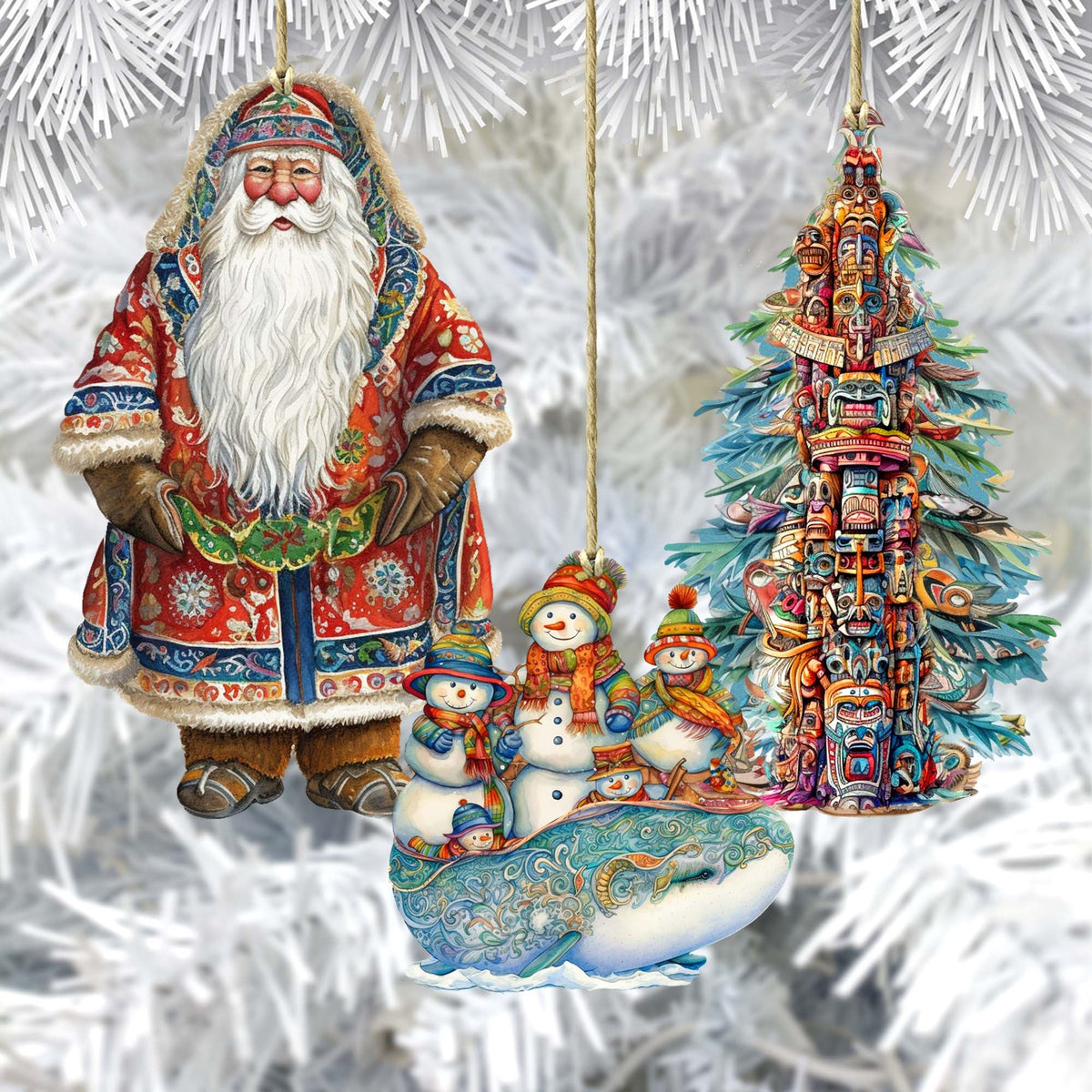 Santas Around the World - Alaskan Inspired Santa - Eco Wood Ornaments Set of 3 by G. DeBrekht Christmas Santa Snowman Decor - 8091314S3