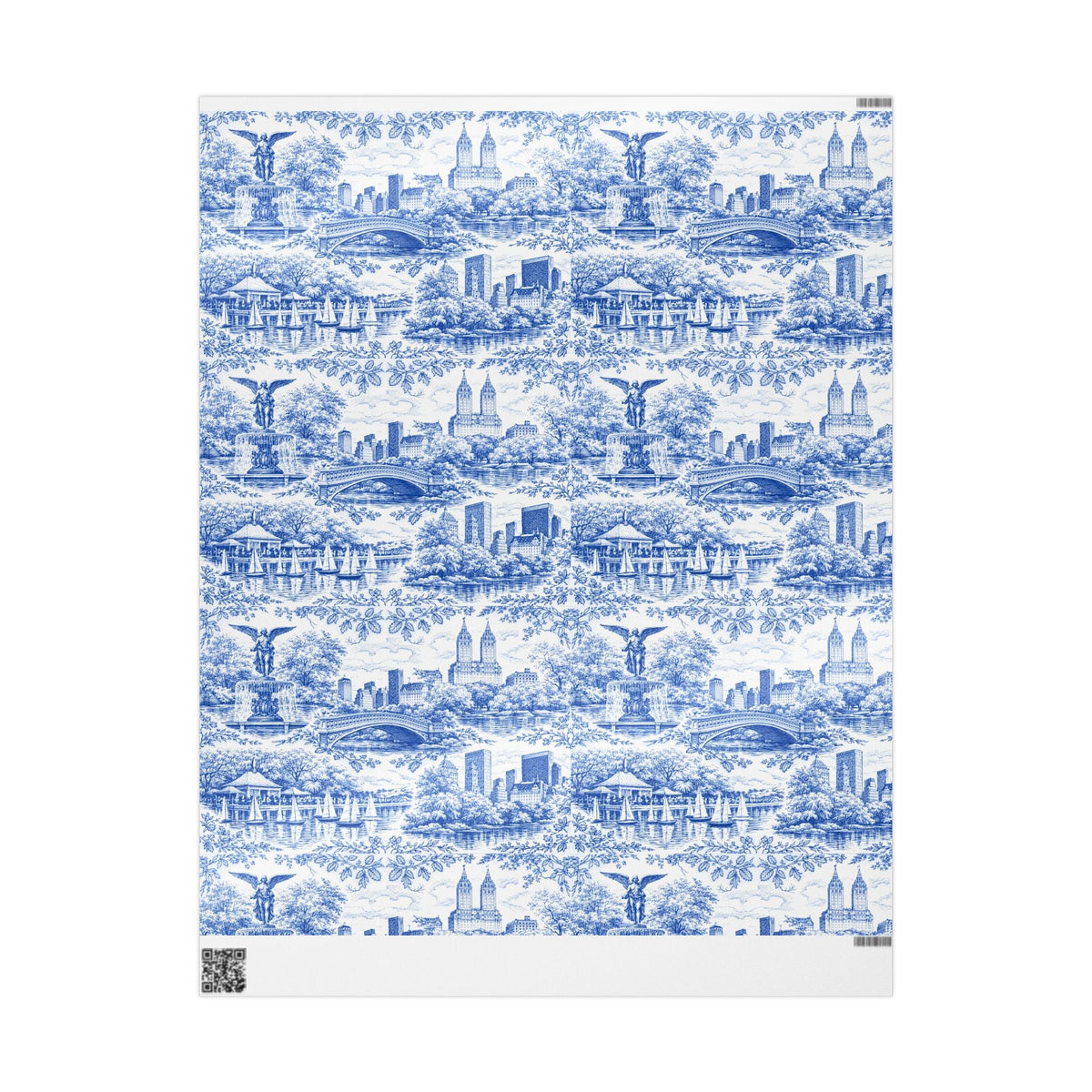 Central Park Blue Toile NYC Wrapping Paper | New York City Scenic Toile Pattern Roll