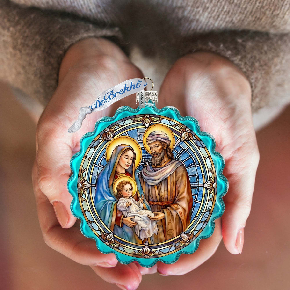 Classical Holy Family Wreath Glass Ornament by G. Debrekht - Nativity Holiday Decor - 759-057
