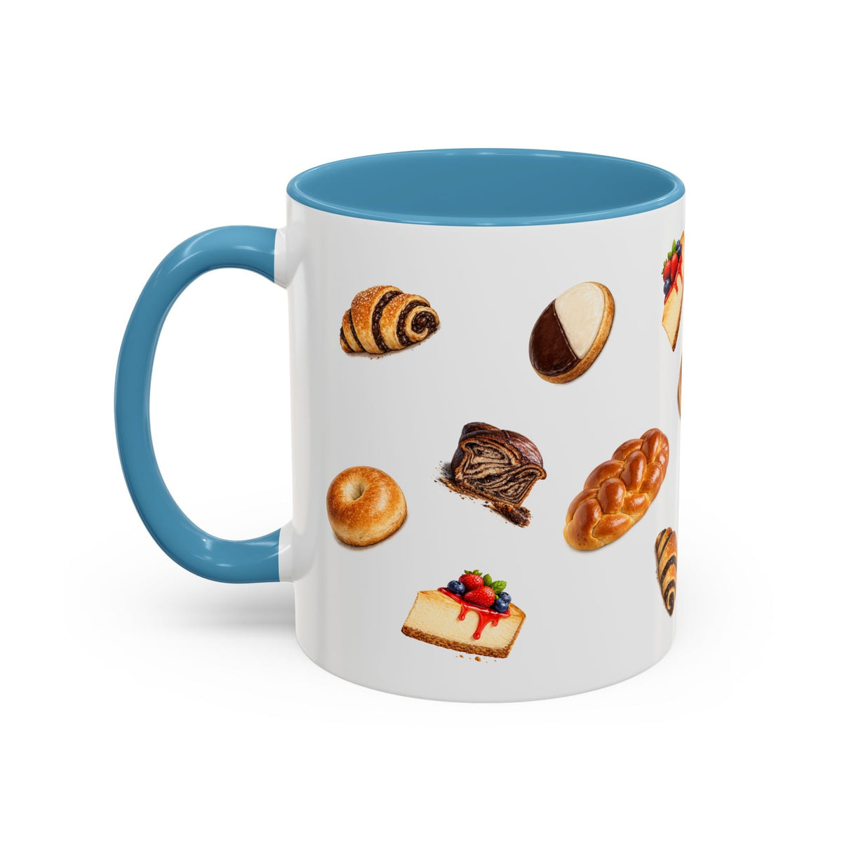 NYC Kosher Bakery Pattern Accent Mug | Babka Cheesecake Rugelach Black + White Cookie Challah Bagel 11oz Ceramic Coffee Cup