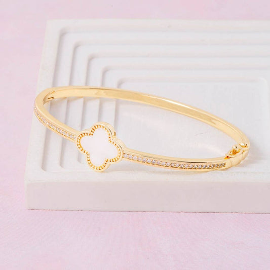Anarchy Street Gold Dipped Cz Mother Of Pearl Clover Hinge Bangle Bracelet