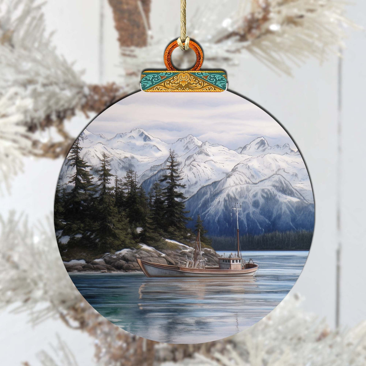 Fishing Boat in Alaska's Mountains Wooden Ornaments by G.Debrekht - Wildlife Holiday Decor - 870068