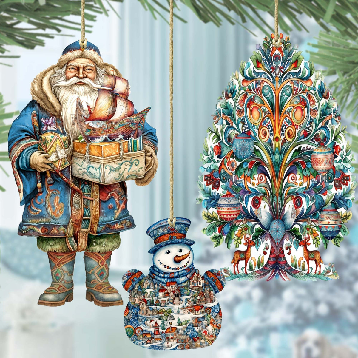 Santas Around the World - Nordic Inspired Santa - Eco Wood Ornaments Set of 3 by G. DeBrekht Christmas Santa Snowman Decor - 8091312S3
