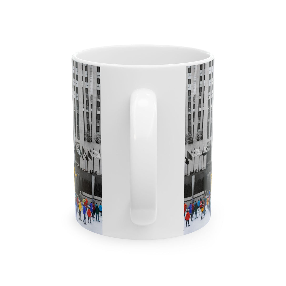 Rockefeller Center Ice Skating Scene Mug | NYC Gold Prometheus Ceramic Coffee Cup