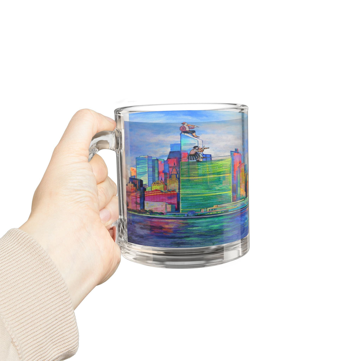 Fiddler on the Manhattan Roof Marc Chagall-inspired Glass Mug | 10oz NYC Manhattan Skyline Pattern