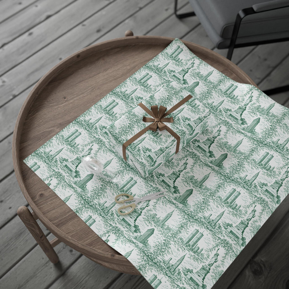 Manhattan NYC Green Toile Gift Wrapping Papers Chinoiserie Old New York City Gift Wrap Empire State Building Twin Towers Statue of Liberty