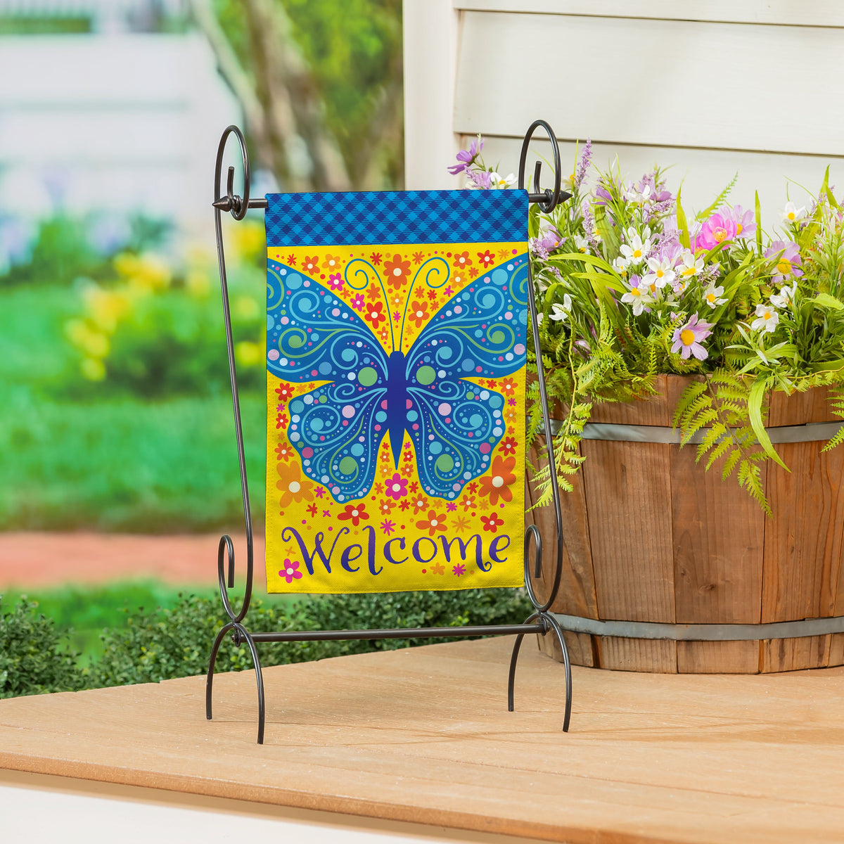 Welcome Mosaic Blue Butterfly Burlap Garden Flag