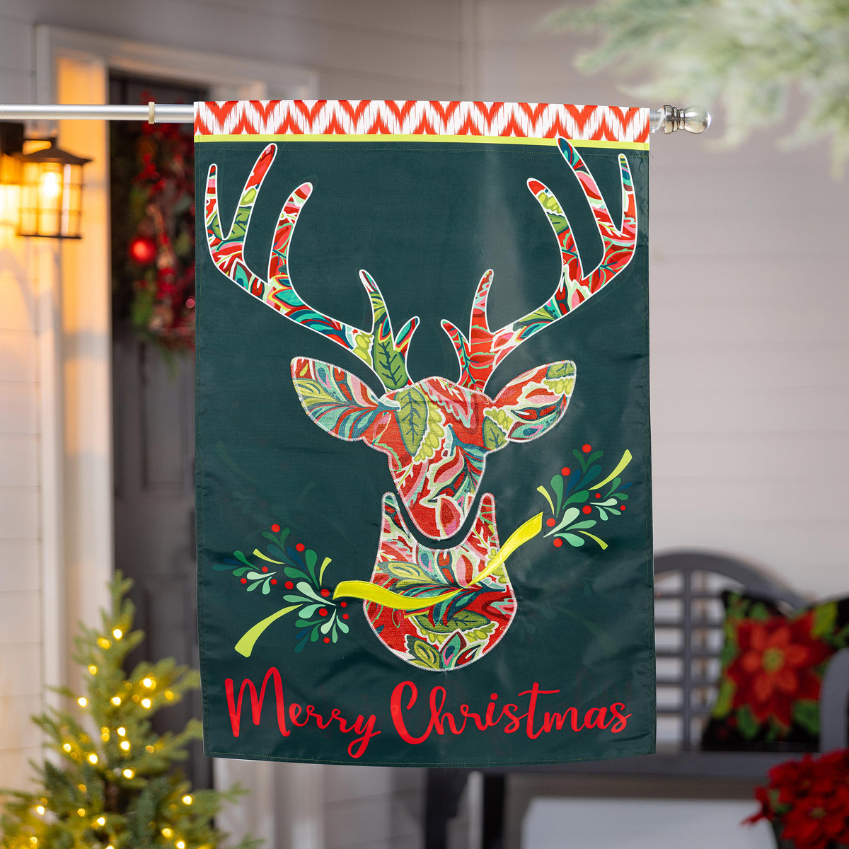 Patterned Reindeer Applique House Flag