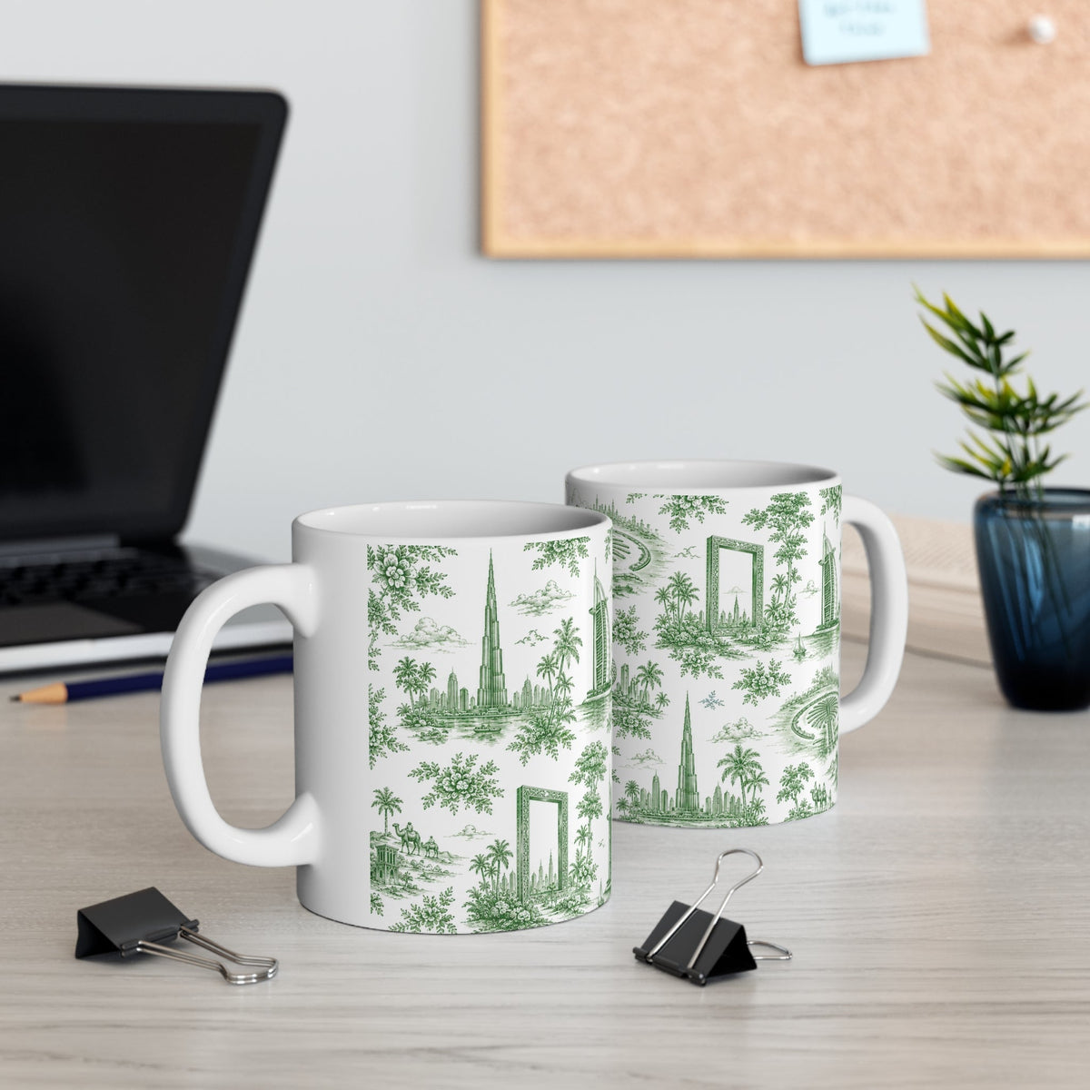 Dubai Green Toile de Jouy Ceramic Mug - Coffee Cup (11oz; Ships from Europe)