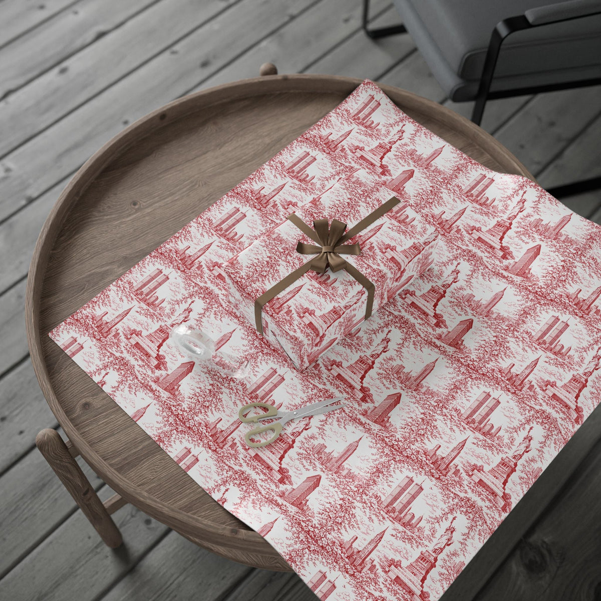 Manhattan NYC Red Toile Gift Wrapping Papers Chinoiserie Old New York City Gift Wrap Empire State Building Twin Towers Statue of Liberty