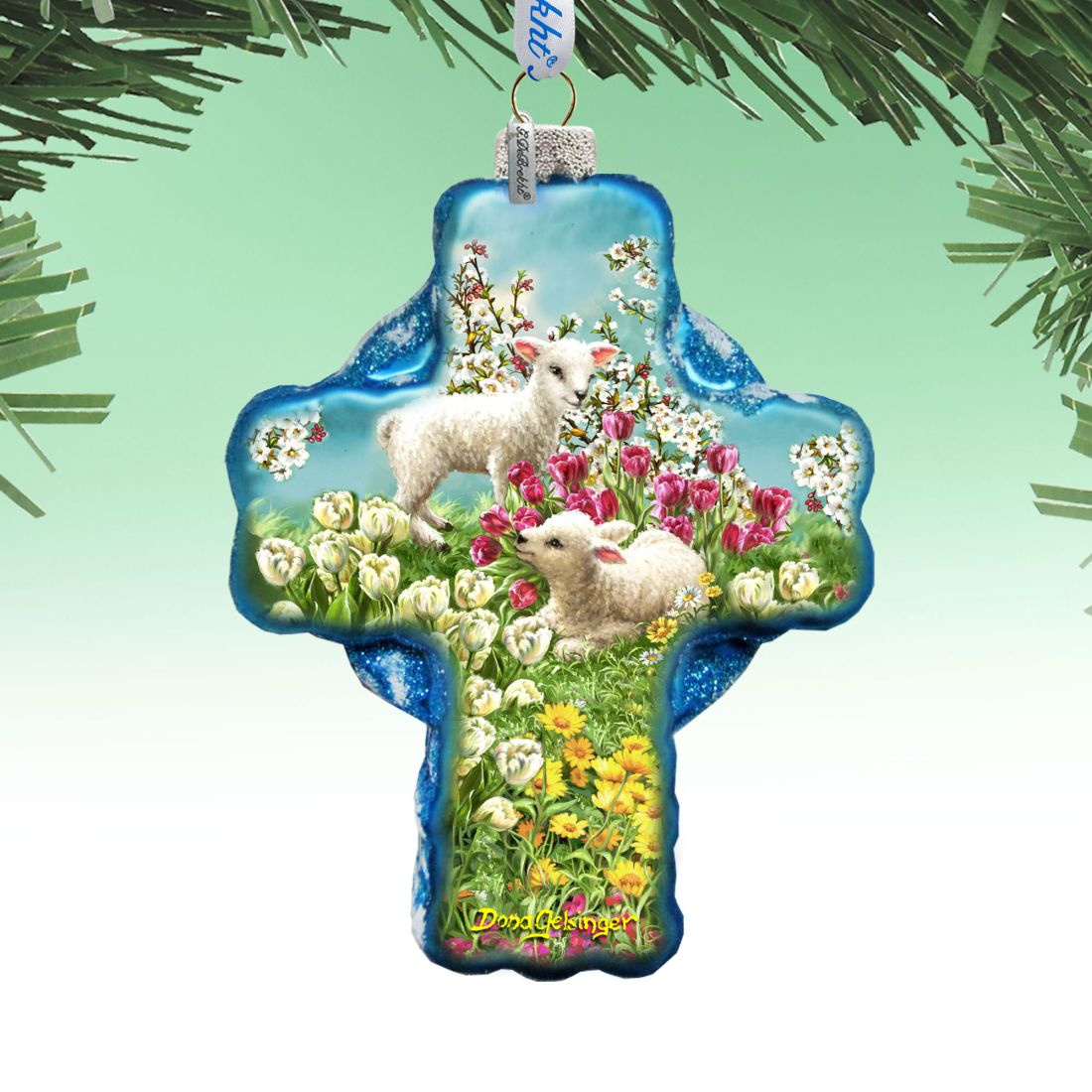 Sheep and Flowers Glass Ornament by D. Gelsinger - Nativity Holiday Decor - 758-020-DG