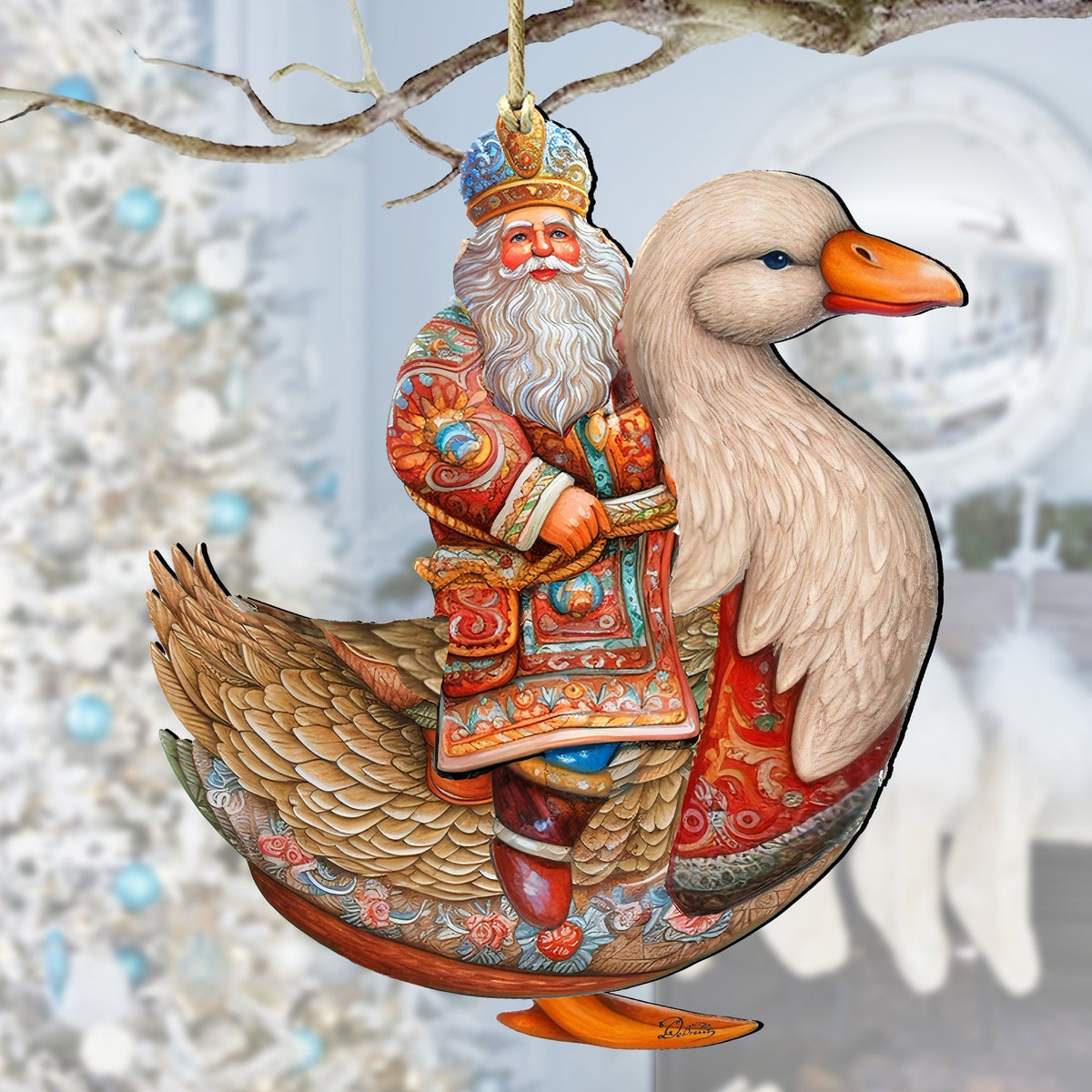 Charming Santa on Goose Wooden Ornaments by G. Debrekht Christmas Santa Snowman Decor - 8611063