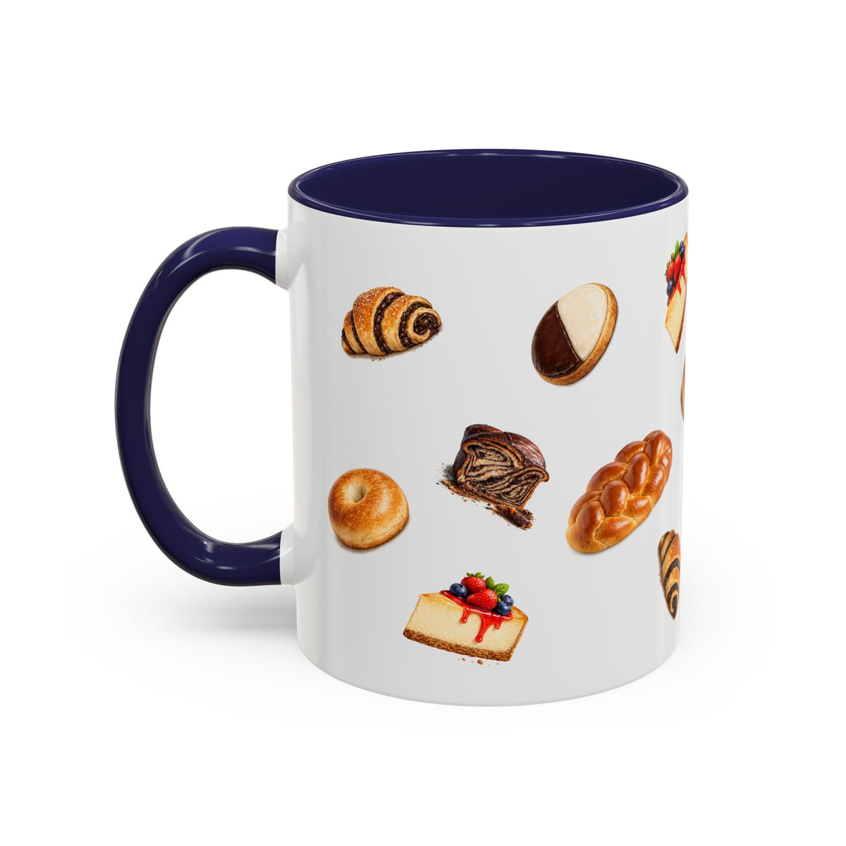 NYC Kosher Bakery Pattern Accent Mug | Babka Cheesecake Rugelach Black + White Cookie Challah Bagel 11oz Ceramic Coffee Cup