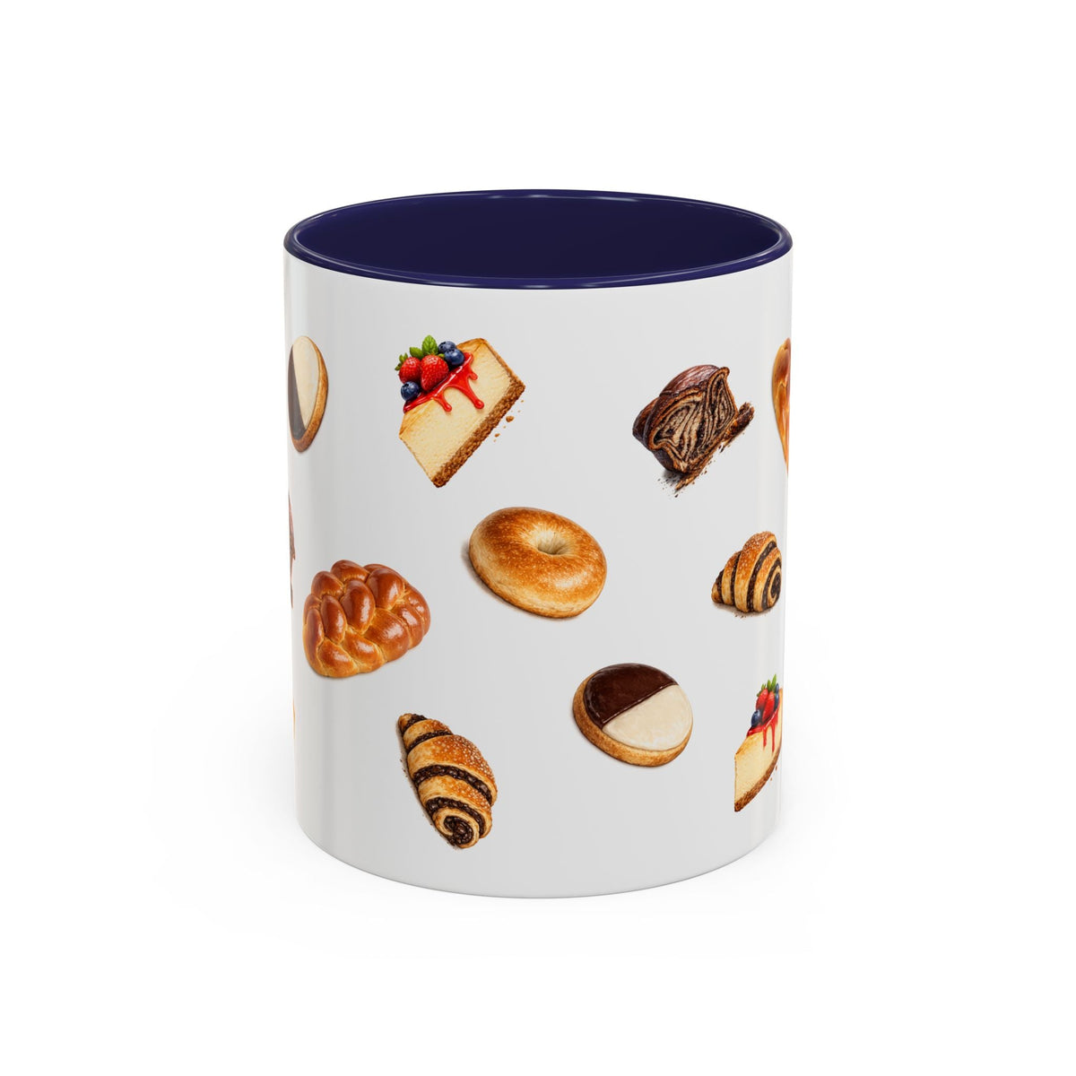 NYC Kosher Bakery Pattern Accent Mug | Babka Cheesecake Rugelach Black + White Cookie Challah Bagel 11oz Ceramic Coffee Cup