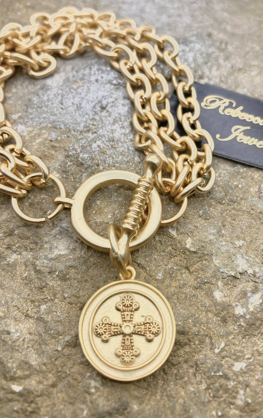 Rebecca Ray Matte Gold Triple Strand Cross Charm Bracelet