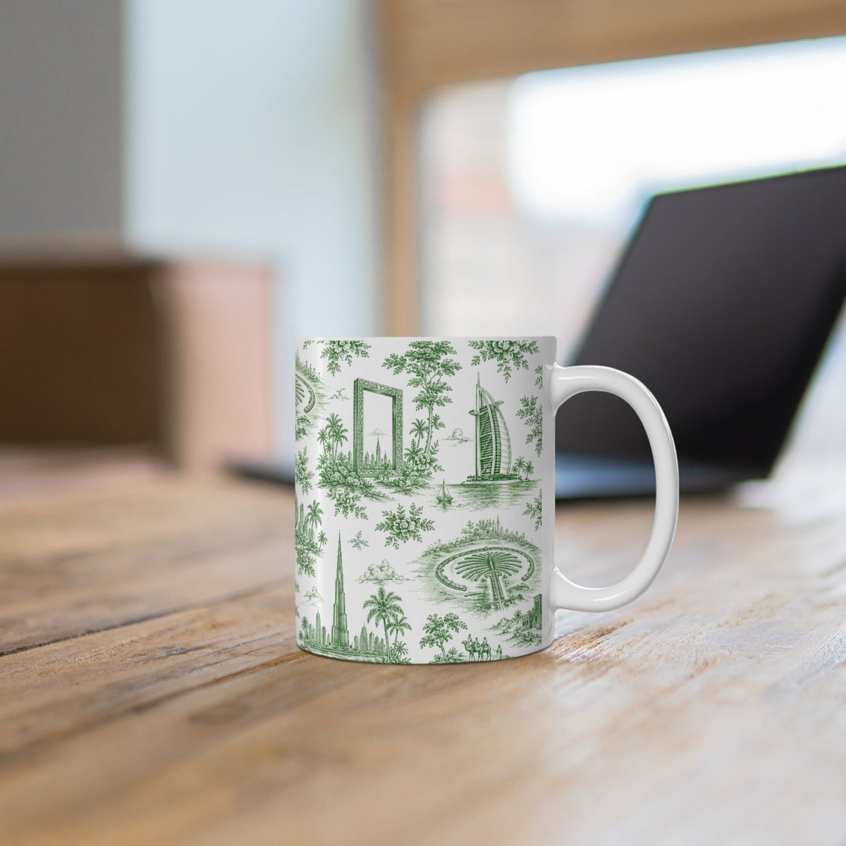 Dubai Green Toile de Jouy Ceramic Mug - Coffee Cup (11oz; Ships from Europe)