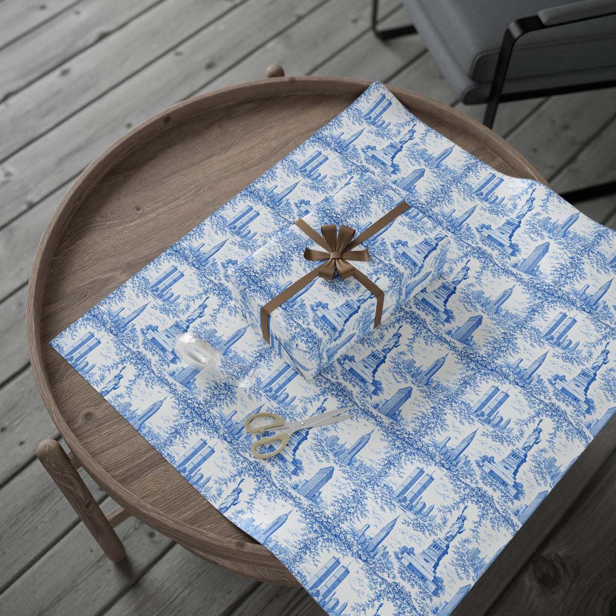 Manhattan NYC Blue Toile Gift Wrapping Papers Chinoiserie New York City Gift Wrap Empire State Building Twin Towers Statue of Liberty