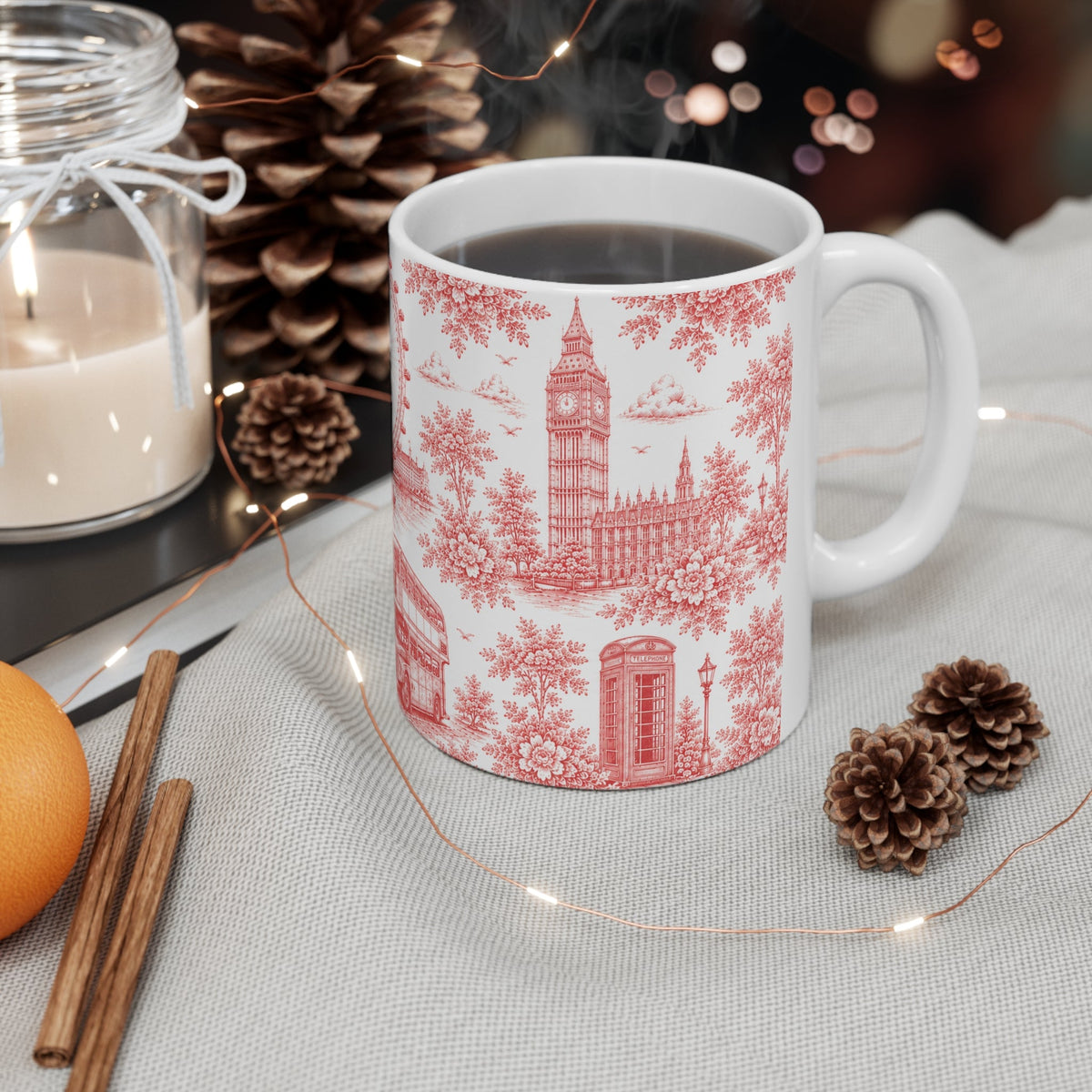 London Red Toile de Jouy Ceramic Coffee Mug - (11oz; Ships from Europe)