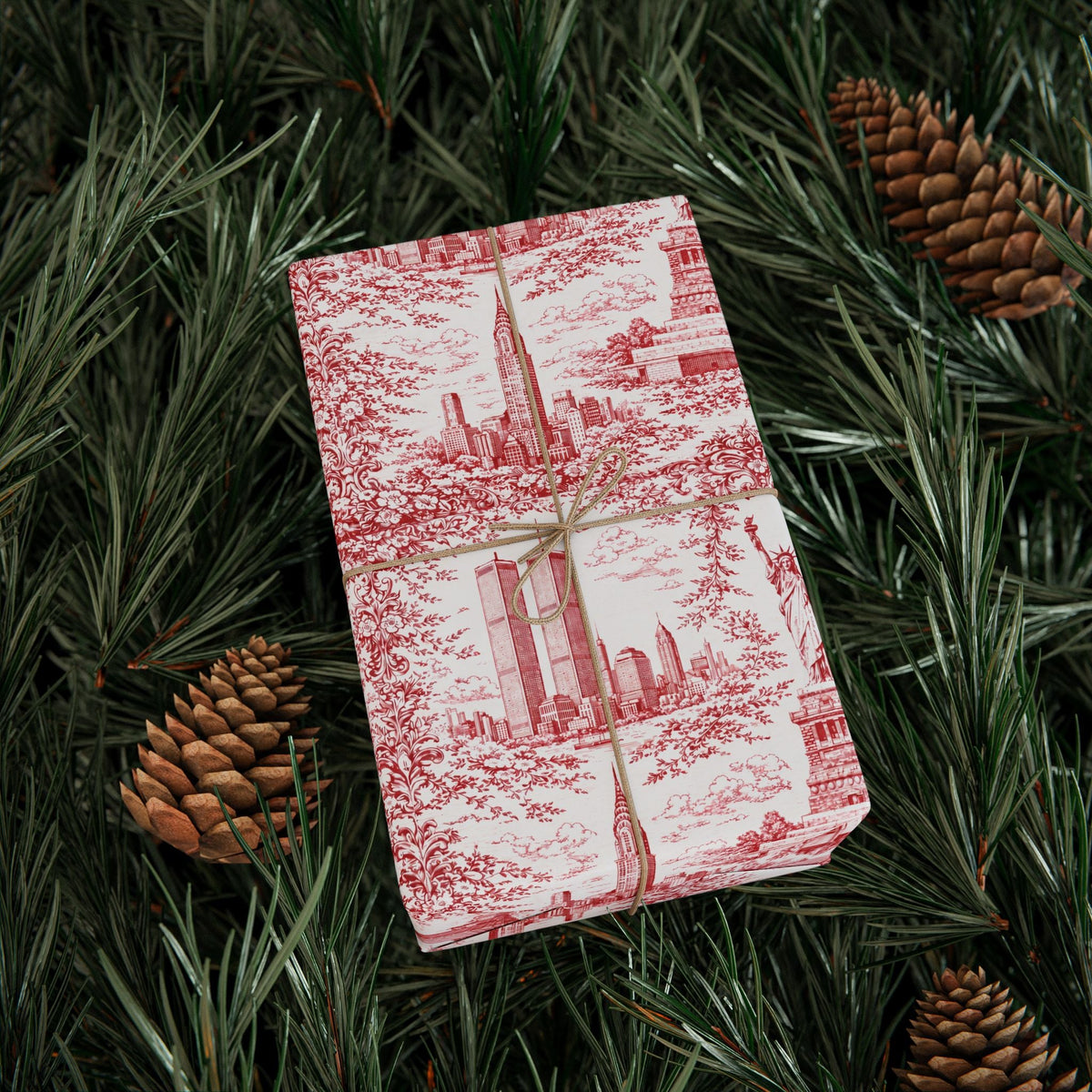 Manhattan NYC Red Toile Gift Wrapping Papers Chinoiserie Old New York City Gift Wrap Empire State Building Twin Towers Statue of Liberty