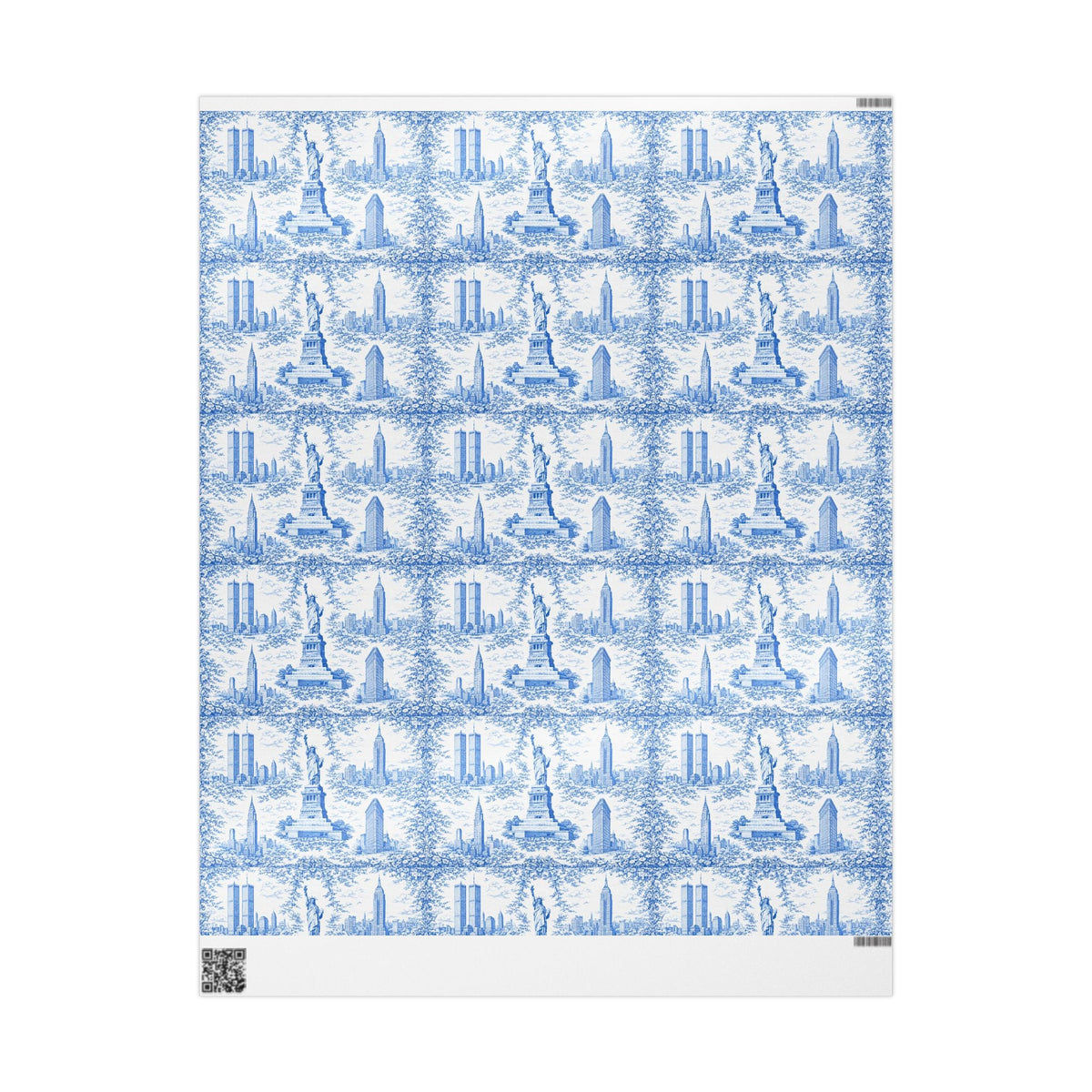 Manhattan NYC Blue Toile Gift Wrapping Papers Chinoiserie New York City Gift Wrap Empire State Building Twin Towers Statue of Liberty