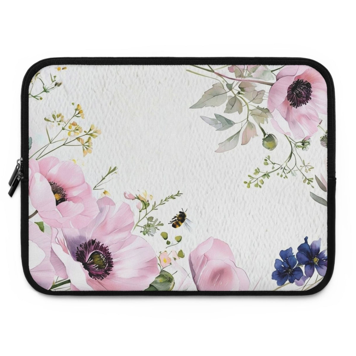 Pink Anemone Floral Laptop Sleeve | Watercolor Bee Tech Cover for Women