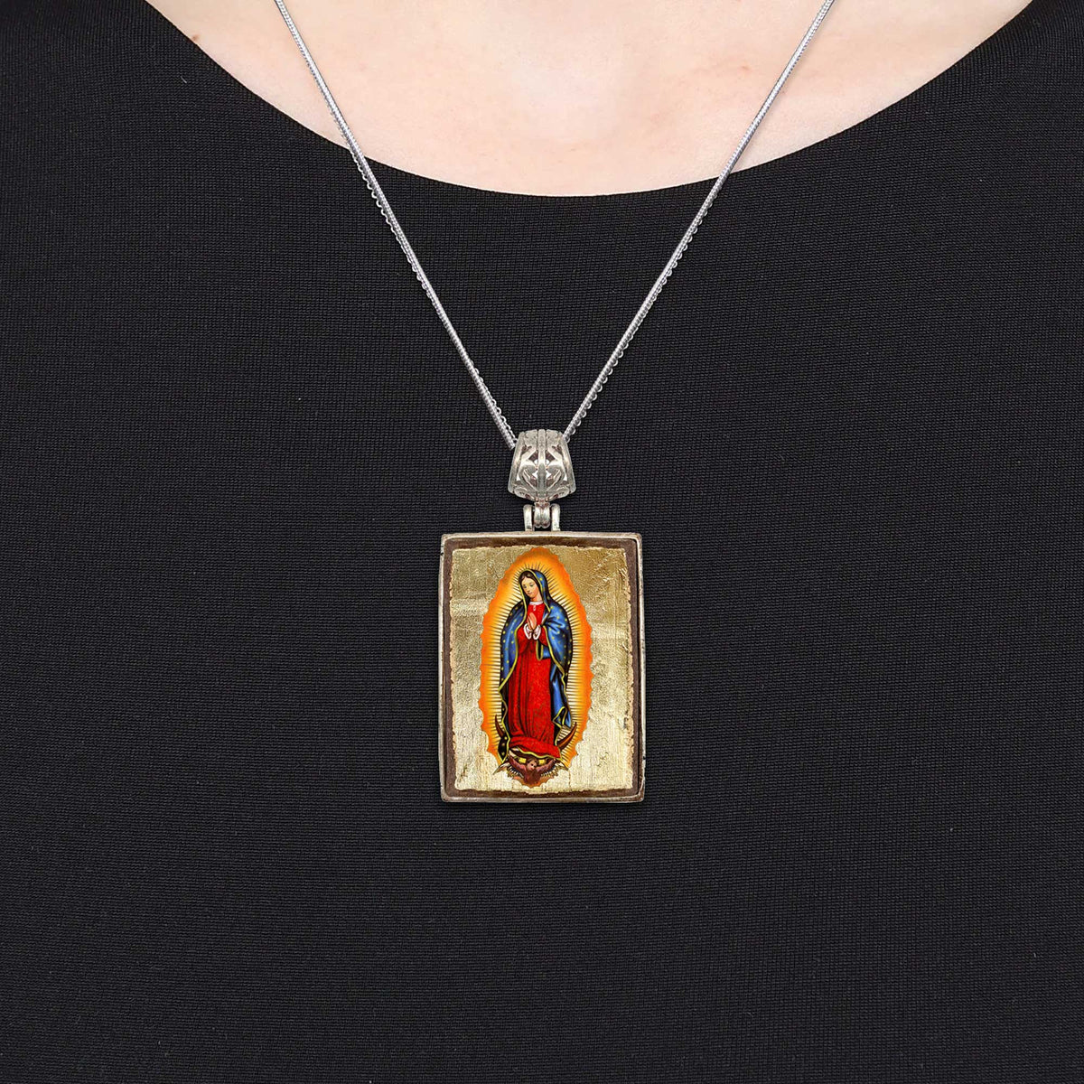 Lady of Guadalupe Religious Jewelry Silver Plated Necklace, Gold-Plated Wooden Cabochon - Catholic Sacred Icon - Inspirational Icon Decor - 43032R