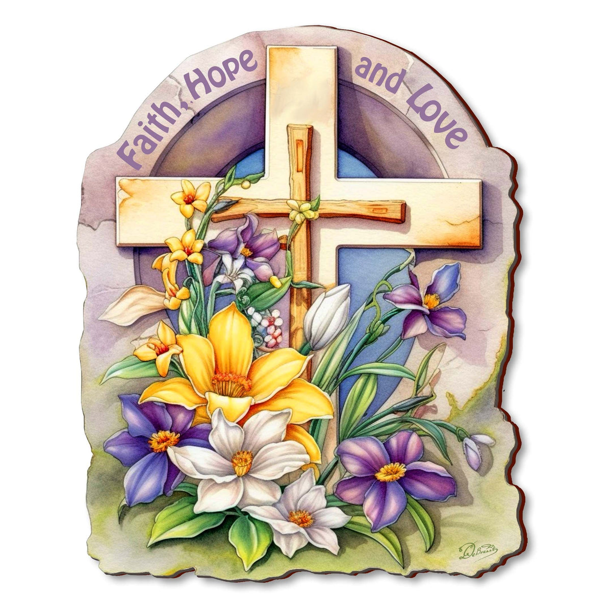 Faith, Hope, and Love Wooden Cross by G. Debrekht - Easter Spring Decor - 88160
