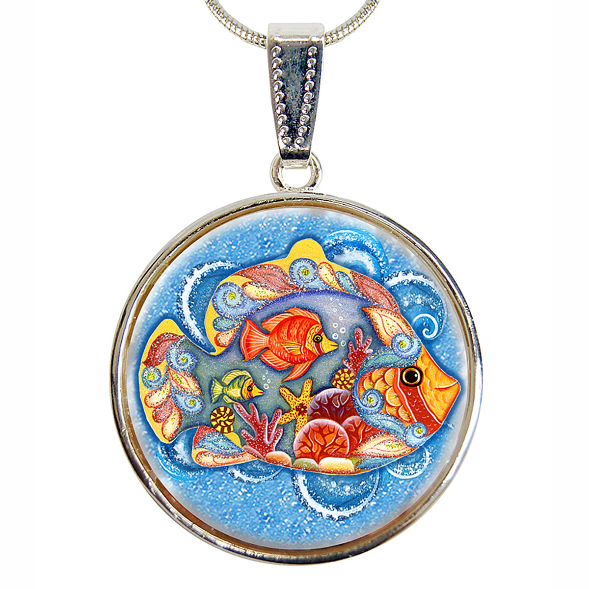 Fishy Family Silver Plated Mother of Pearl Jewelry Pendant Necklace Coastal - 44050