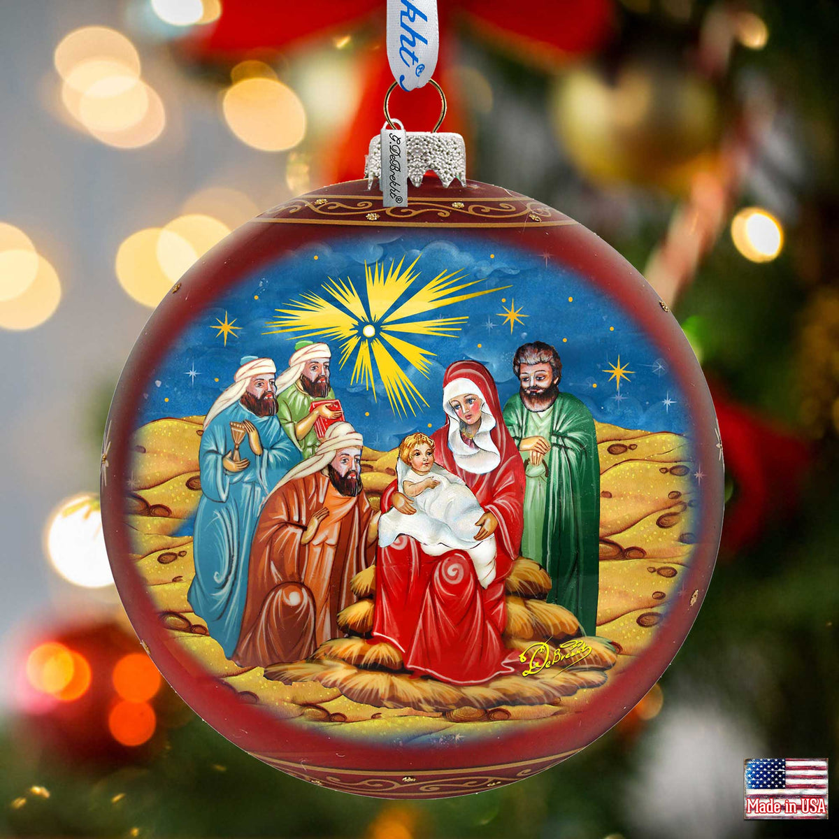 Holy Family and Three Kings Lg Glass Ornament in Red by G.DeBrekht - Christmas Decor - 73920R