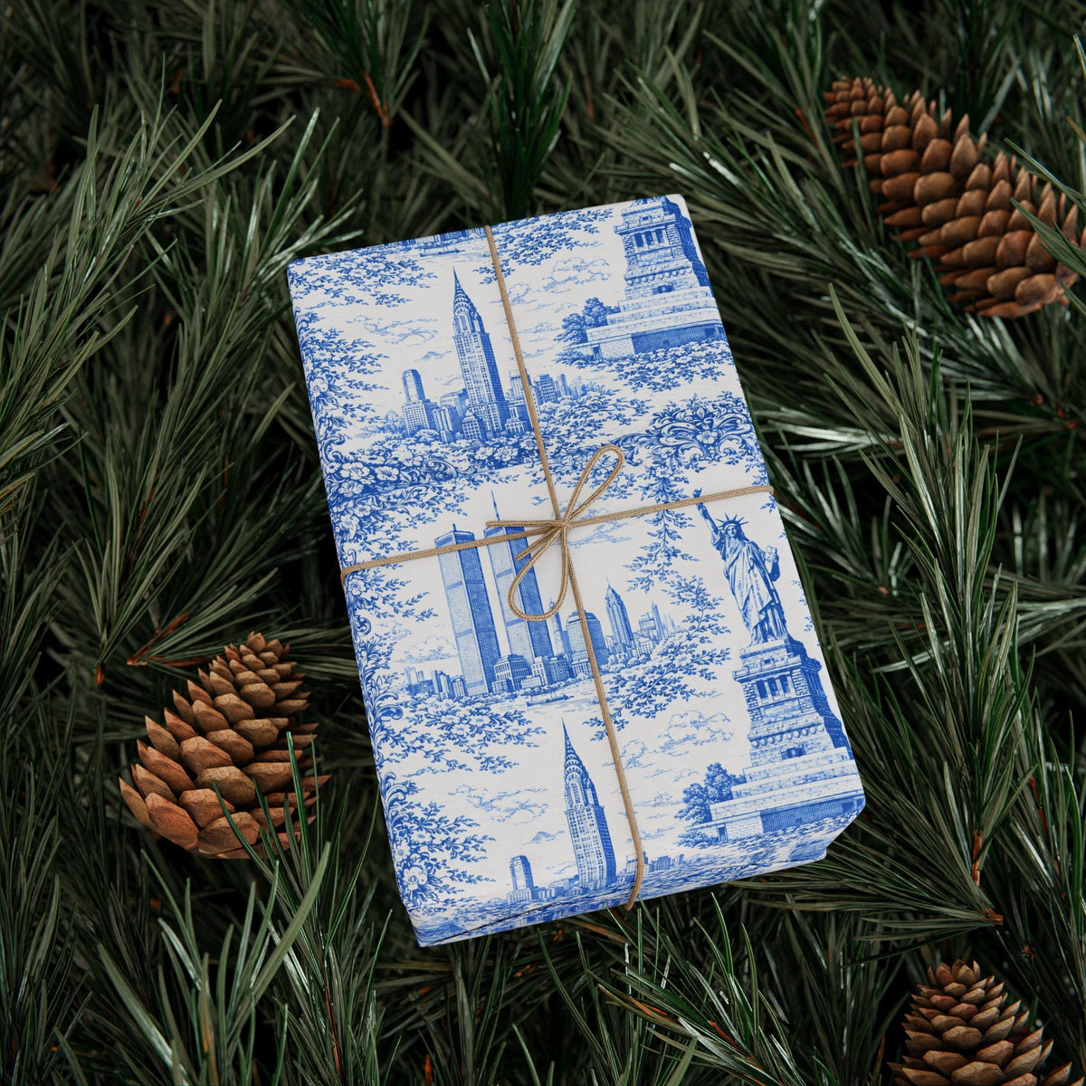 Manhattan NYC Blue Toile Gift Wrapping Papers Chinoiserie New York City Gift Wrap Empire State Building Twin Towers Statue of Liberty