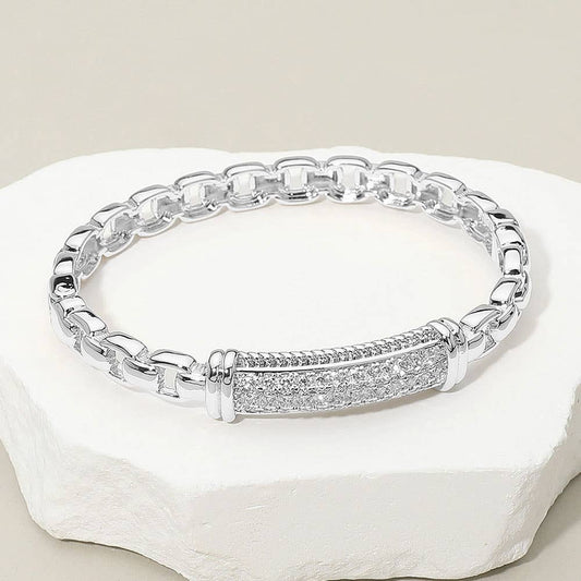 14K Gold Plated CZ Stone Paved Bar Link Hinged Bangle Bracelet