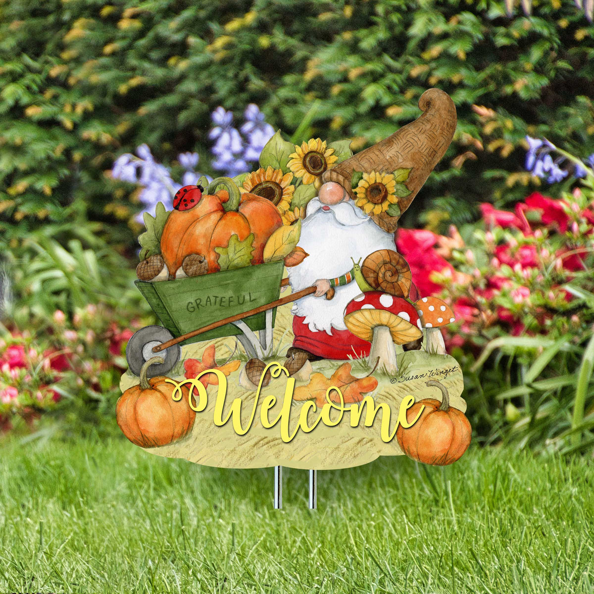 Outdoor Garden Stakes Fall Decoration - Harvest Gnome Welcome Sign - Wheelbarrow Cornucopia - Handmade Gift - Autumn Adornment - Wooden Ornament by Susan Winget - 8471207M-SW