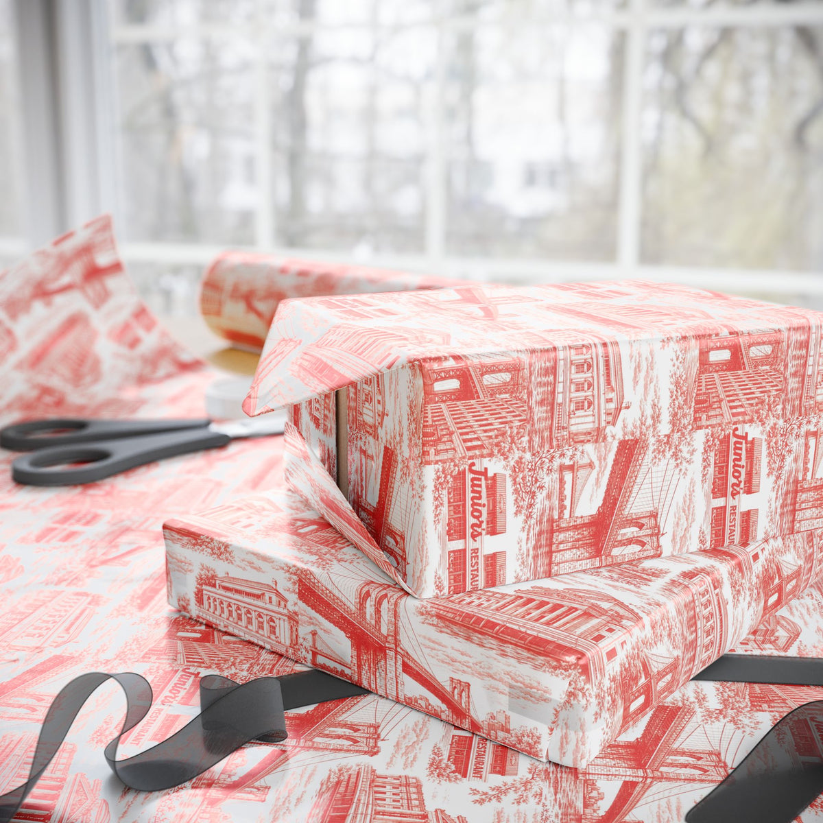 Brooklyn NYC Red Toile Gift Wrapping Papers Chinoiserie New York City Gift Wrap Brooklyn Bridge Prospect Park Junior's DUMBO Museum