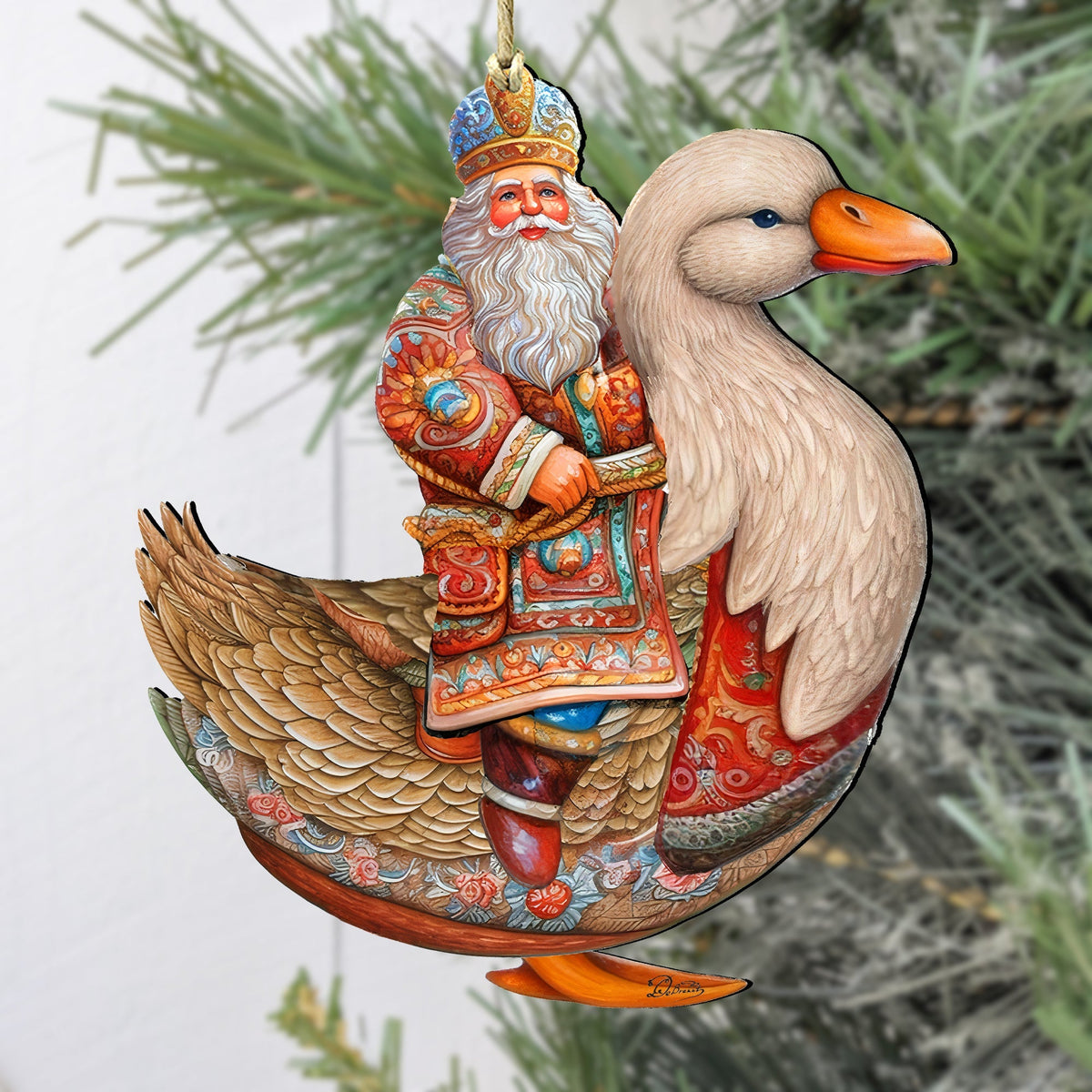 Charming Santa on Goose Wooden Ornaments by G. Debrekht Christmas Santa Snowman Decor - 8611063
