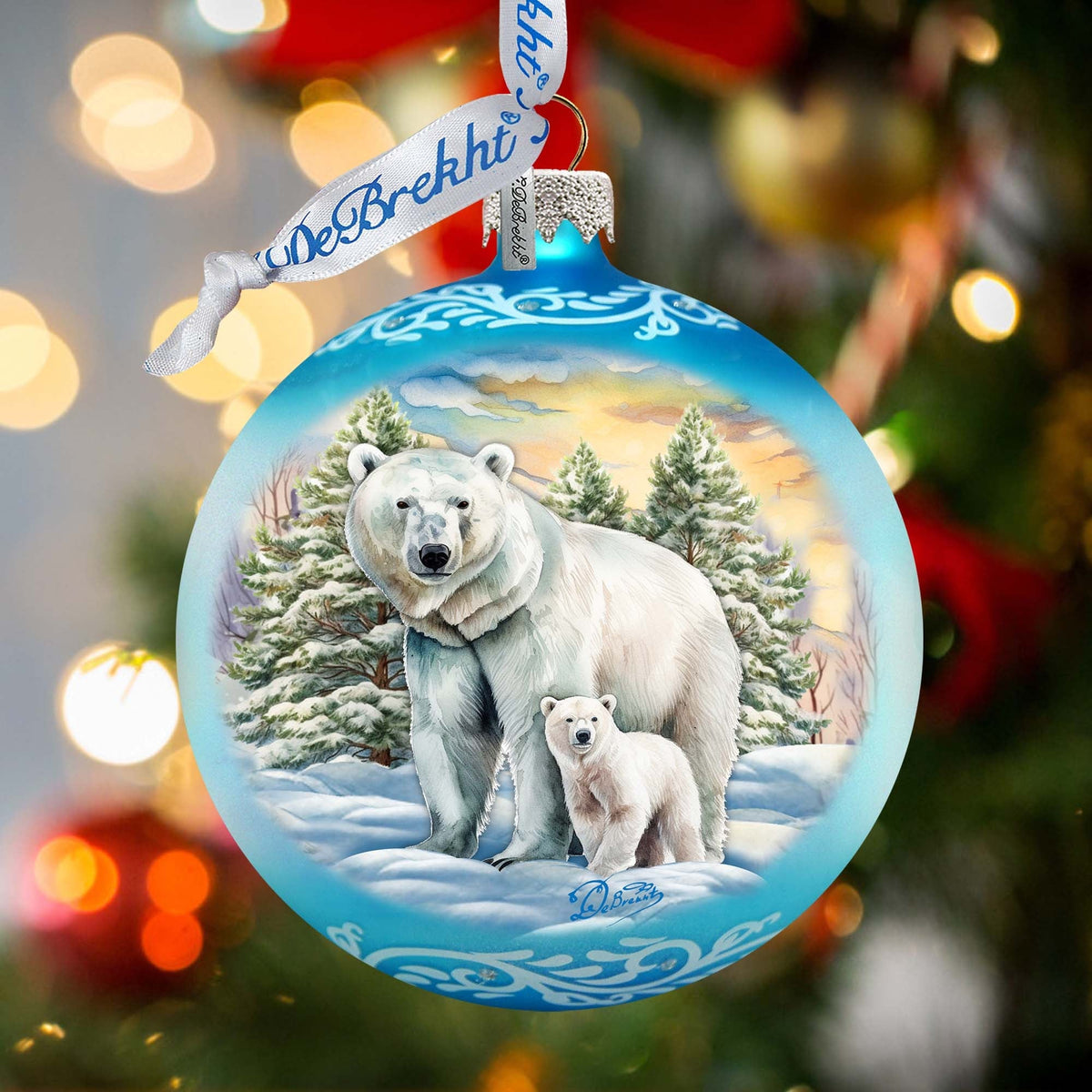 Polar Bear with Cub Ball Glass Ornament by G. Debrekht - Wildlife Holiday Decor - 73386
