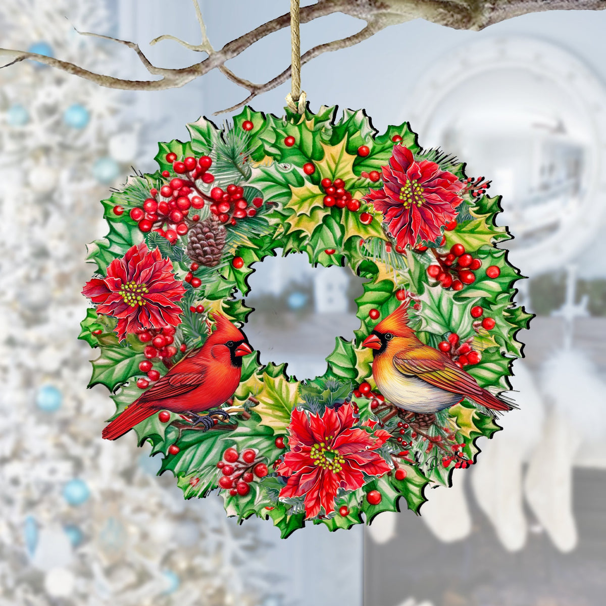 Holiday Cardinal Garland Wreath Wooden Ornaments by G. Debrekht Christmas Decor - 8611070