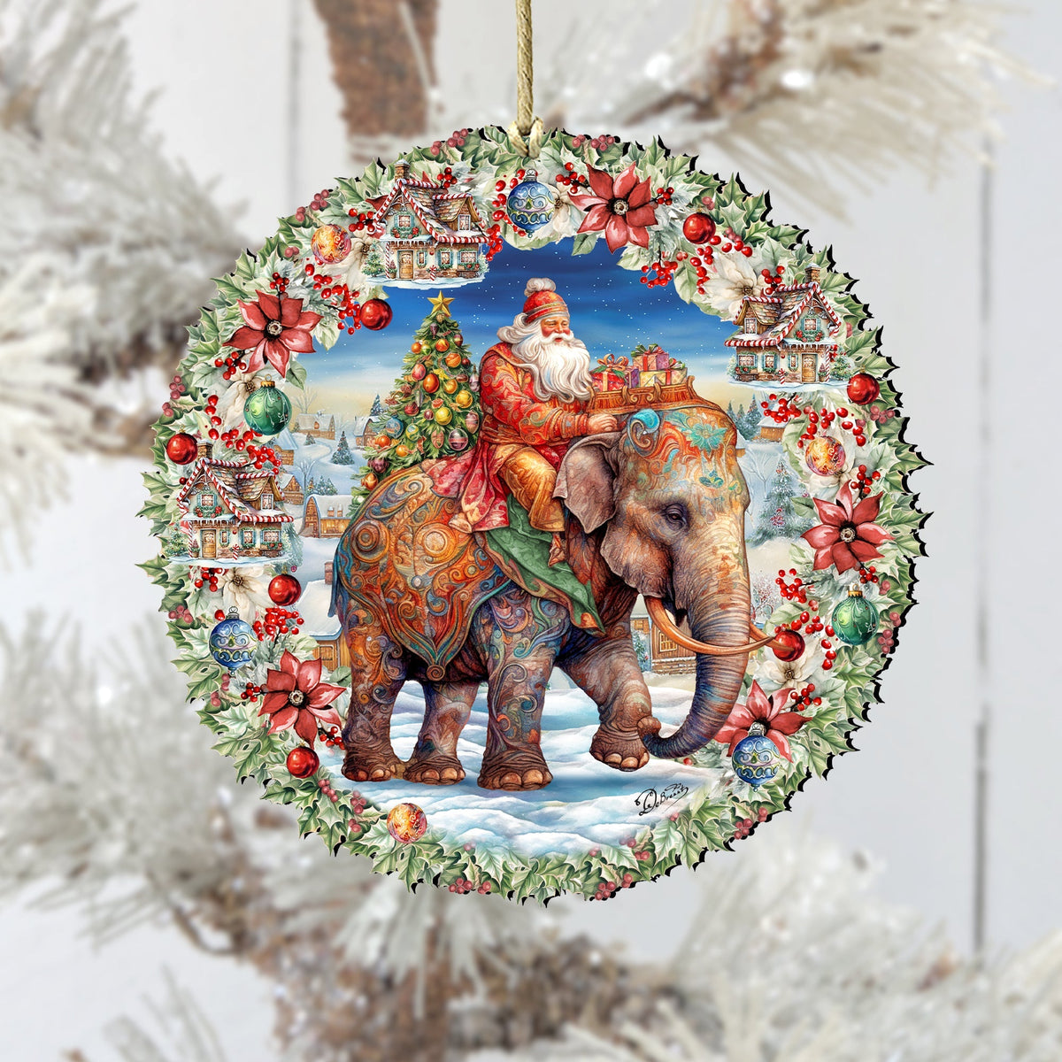 Santa on Elephant Wreath Wooden Ornaments by G. Debrekht Christmas Santa Snowman Decor - 8611043