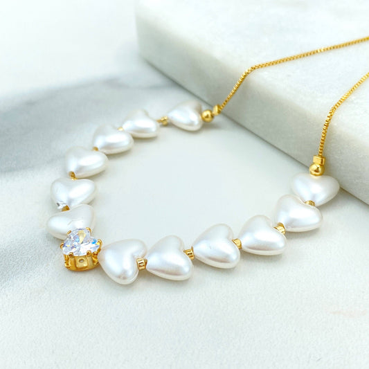 Luxus Accessories 18KGold Filled Heart Pearl Shape Bracelet with Heart Zirconia, Pearl Heart Shape Adjustable Bracelet