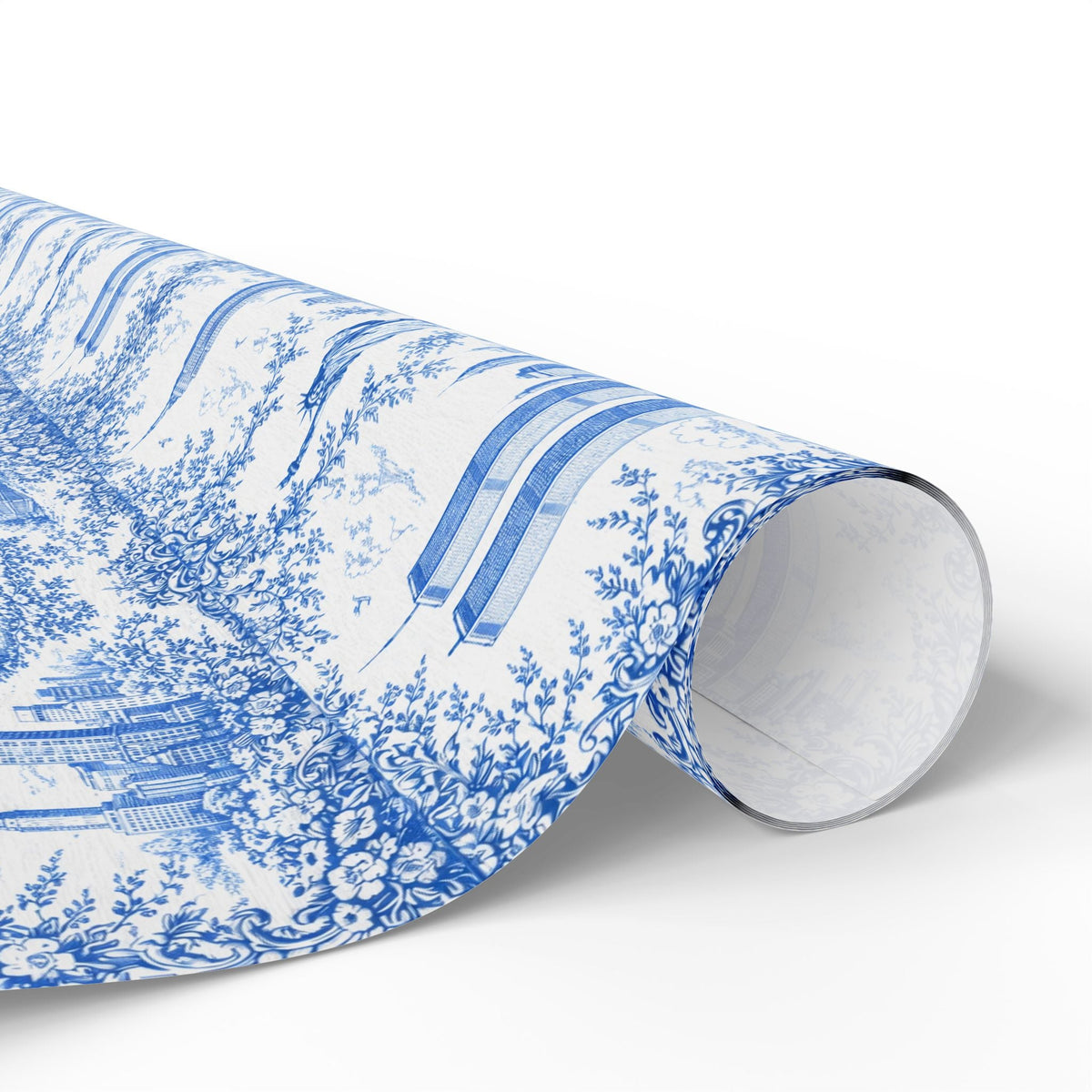 Manhattan NYC Blue Toile Gift Wrapping Papers Chinoiserie New York City Gift Wrap Empire State Building Twin Towers Statue of Liberty
