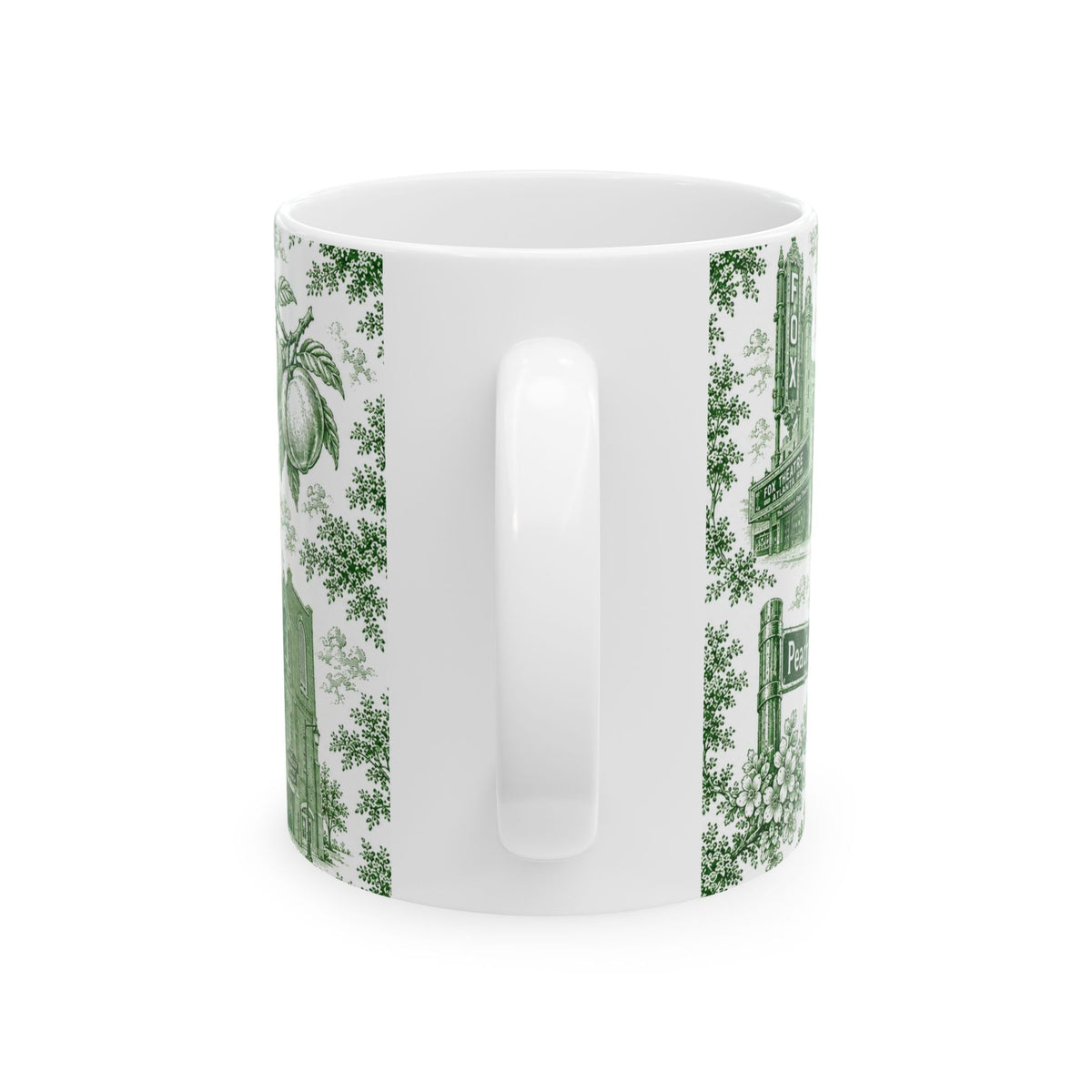 Atlanta Green Toile de Jouy Ceramic Mug — Atlanta, Georgia Skyline & Capitol Illustration (11oz)