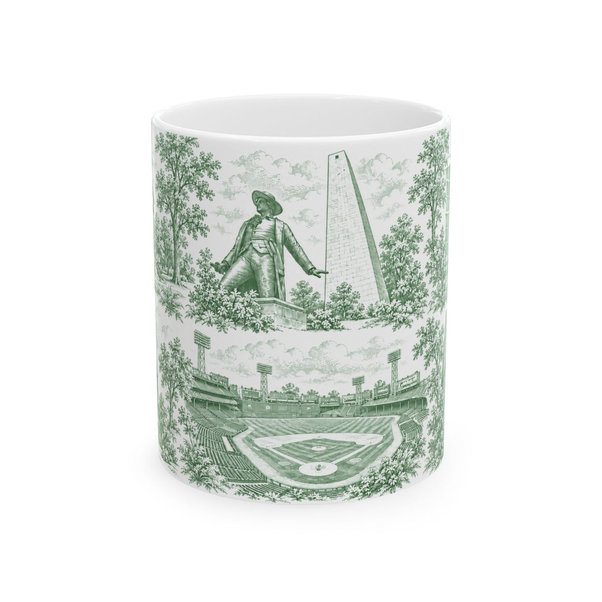 Boston Green Toile de Jouy Mug — Green Scenic Ceramic Coffee Cup (11oz)