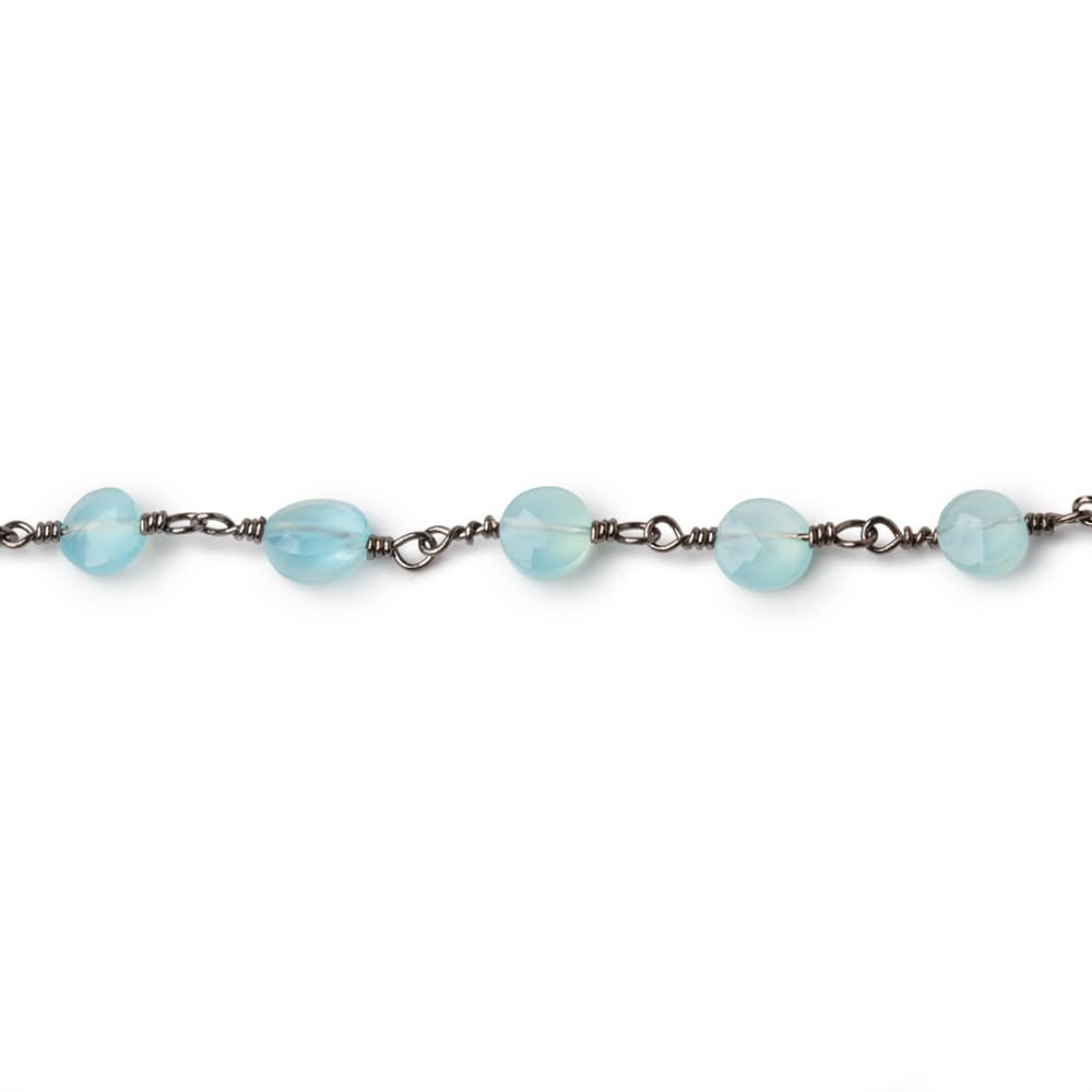6mm Blue Chalcedony Faceted Coins on Black Gold Plated Chain