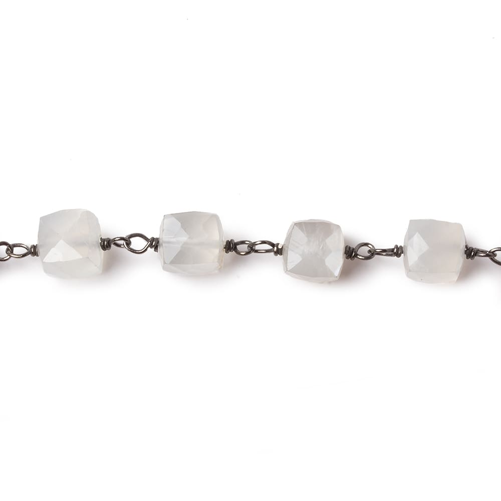 6mm White Moonstone faceted cube Black Gold .925 Silver Chain by the foot 29 pieces