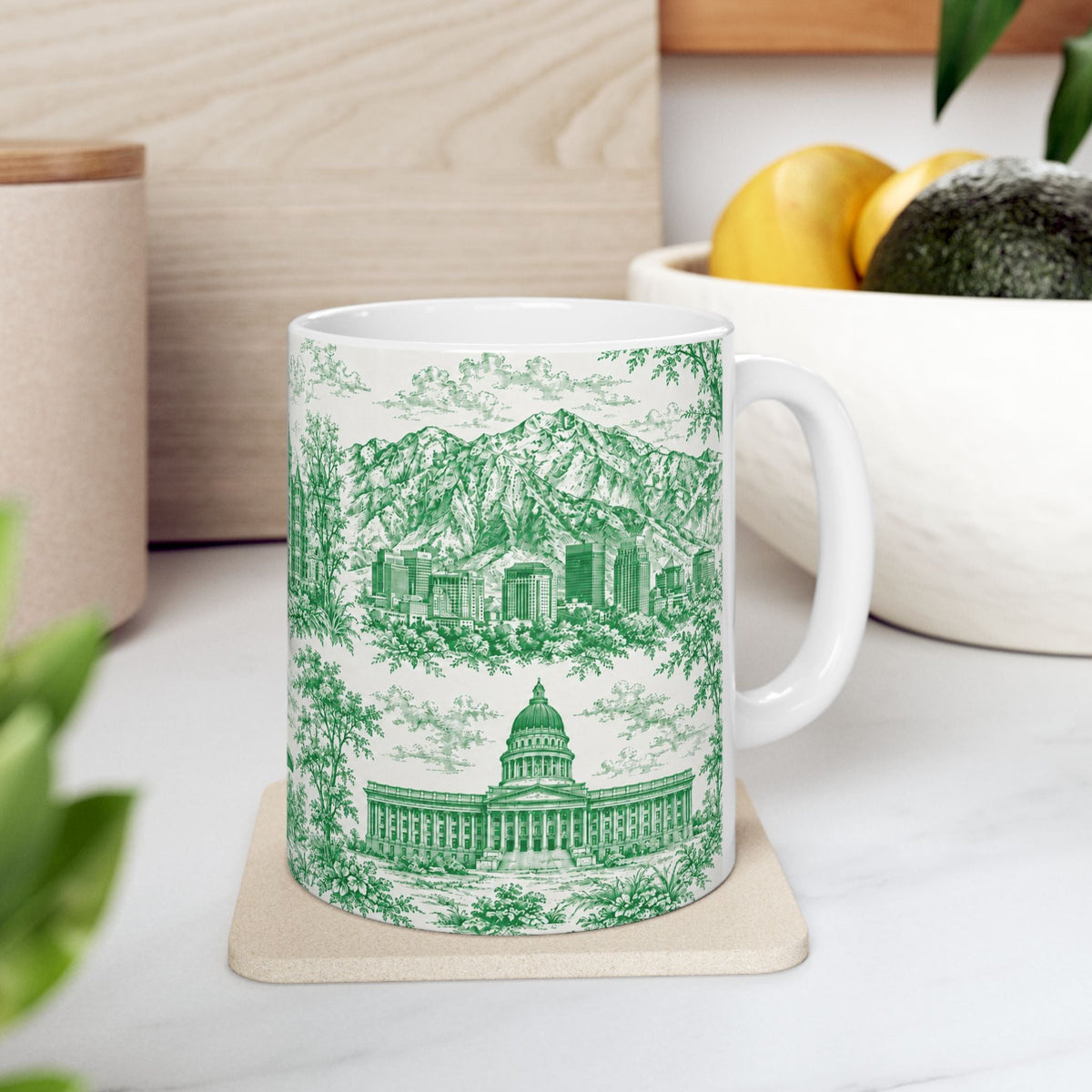Salt Lake City Green Toile de Jouy Mug — Ceramic Coffee Cup (11oz)