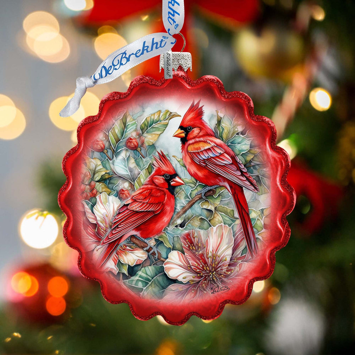 Cardinals Wreath Glass Ornament by G. Debrekht - Wildlife Holiday Decor - 759-052